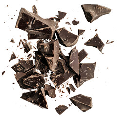 Close-up of dark chocolate pieces scattered on white background, showcasing rich texture and indulgent treat.