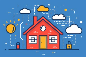 Fototapeta premium A small red house with a garden, surrounded by clouds and a sun, symbolizing family living, suburban life, and the warmth of home in a cheerful, childlike illustration.