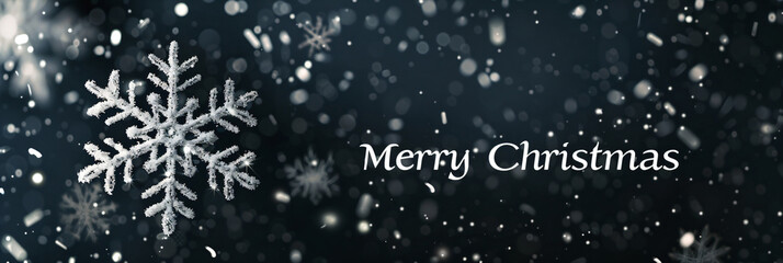 Minimalist Christmas banner with a white snowflake and 'Merry Christmas' text on a gray background, ideal for holiday greetings, social media posts, and seasonal promotions