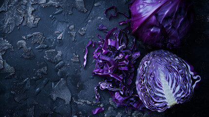 Obraz premium Dark moody photograph of purple cabbage arranged on a textured surface, evoking a sense of rustic simplicity.