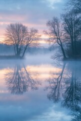 Fototapeta premium A tranquil foggy lake scene at dawn, with soft light filtering through the mist and reflecting off the calm water