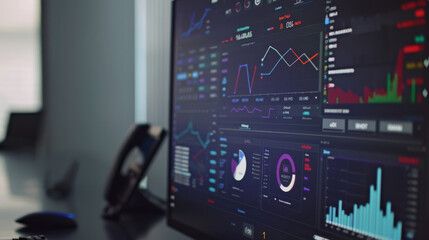 Fototapeta premium A detailed close-up of a financial analytics dashboard on a computer screen, showcasing various graphs, charts, and data visualizations.