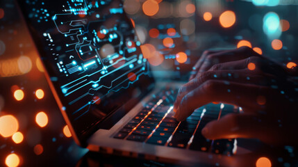 Hands typing on a laptop with a futuristic interface overlay, depicting cyber technology and digital innovation.