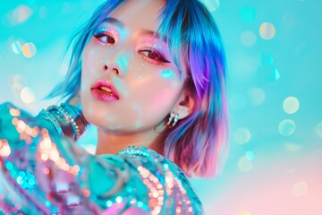 y3k fashion Asian woman with shiny silver hair in silver loose clothes with silver neon glowing elements