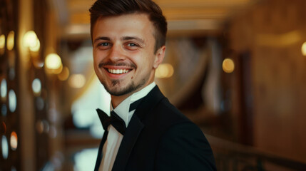 Fototapeta premium A young man in a tuxedo grinning confidently, captured indoors with a warm, elegant backdrop of soft lights.