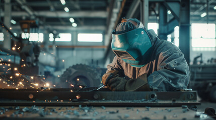 In a large industrial workshop, a focused welder works with sparks flying, casting a dynamic light effect around the bustling workspace.