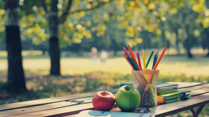 A tranquil park scene with a desk set up with school supplies, books, and fresh apples, under the shade of lush green trees and dappled sunlight.