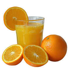 Fresh orange juice in a glass surrounded by whole and sliced oranges, showcasing vibrant color and healthy refreshment.