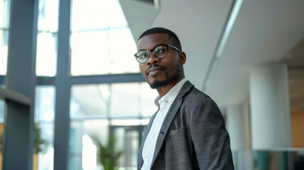 Fototapeta premium A professional man in glasses and a suit stands confidently in a modern office with glass walls, suggesting intellect and authority in a corporate environment.