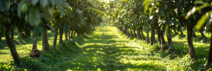 Avocado plant with fruit in plantation farm field
