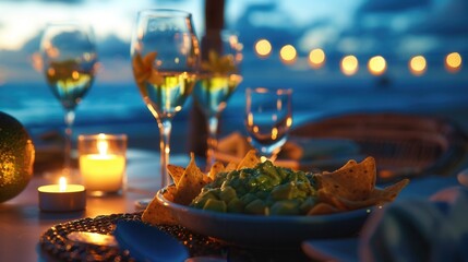 Fototapeta premium Luxury meal on table with sea at dusk with candle