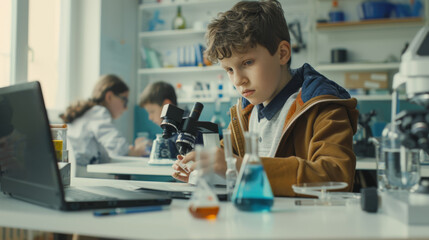 A young boy engaged in a science experiment, using a microscope and surrounded by beakers and scientific equipment in a modern classroom.