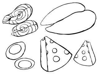 hand drawn set of protein rich food,  chicken, illustration of salmon, eggs and cheese