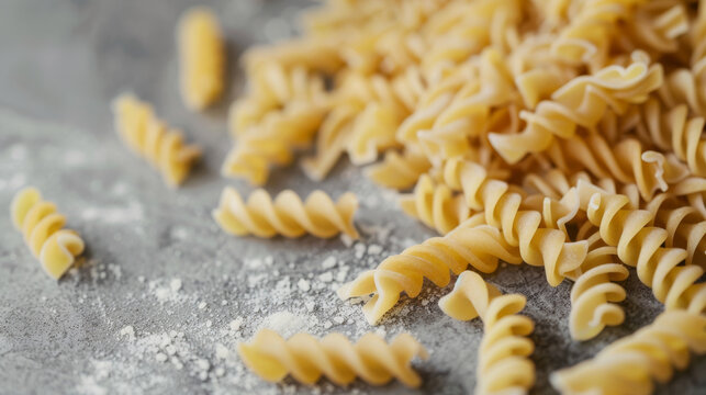 Uncooked rotini pasta scattered over a lightly floured countertop, ready for preparation.