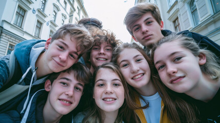 Obraz premium A vibrant group of teenagers takes a cheerful group selfie on a city street, their smiles radiating youthful energy and unity.