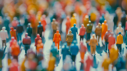 Fototapeta premium A crowd of vividly colored miniature figures walking, with one figure in orange standing out, symbolizing individuality.