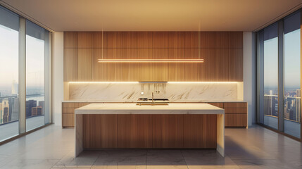 An elegant, modern kitchen with a spacious central island, warm wooden cabinets, and a stunning city view from floor-to-ceiling windows, creating an opulent atmosphere.