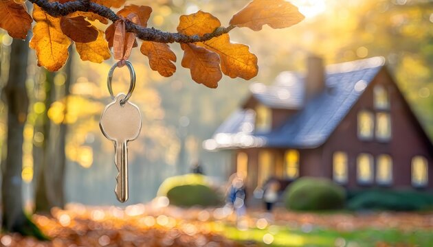 House key hanging from a branch in a fall setting