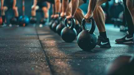 A close-up shot of people grasping kettlebells during a vigorous workout in a gym, depicting strength training, fitness, and focused determination.