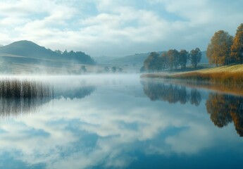 Fototapeta premium A peaceful lake enveloped in morning fog, with distant hills and trees creating a dreamy, ethereal atmosphere