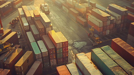 Fototapeta premium Neatly arranged shipping containers basking in soft sunset glow at an industrial port.