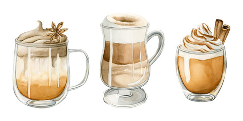 Coffee Latte Mocchiato and Pumpkin Spice Dalgona Coffee. Set of autumn hot beverages. Watercolor food illustration