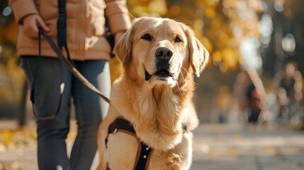 Trusted Guide Dog Leading Visually Impaired Owner Down City Sidewalk