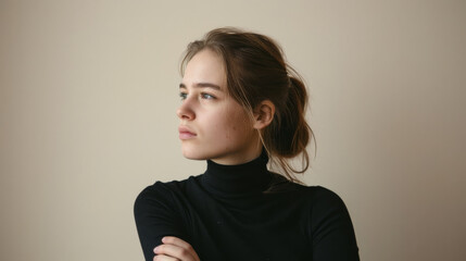 A young woman in a black turtleneck stands against a neutral background, looking away thoughtfully with a calm expression and casual hairstyle.