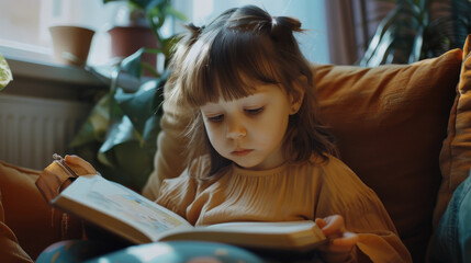 A young girl engrossed in reading a book while sitting on a cozy chair, surrounded by plants and warm sunlight from the window.