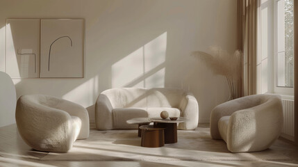 A sunlit minimalist living room with plush, cozy furniture arranged around a small coffee table, creating a warm and inviting space.