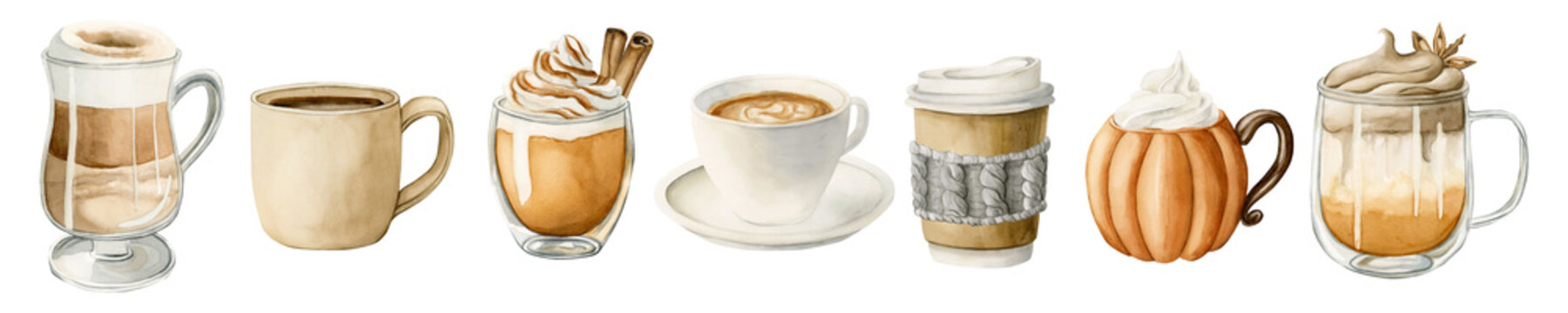 Coffee Latte Mocchiato and Pumpkin Spice Dalgona Coffee. Set of autumn hot beverages. Watercolor food illustration