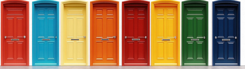 A row of colorful doors with a white background