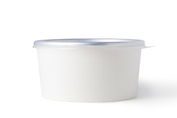Disposable paper bowl with plastic lid on white background