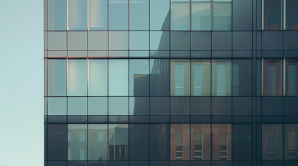 Fototapeta premium A modern office building's glass facade reflects blue skies and surrounding structures in the cityscape.