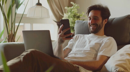 Bearded man relaxing on a couch, smiling as he looks at his smartphone and laptop, surrounded by plants.