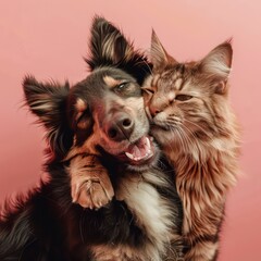 happy dog and cat cuddling together on pink background