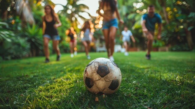 A group of children are joyfully running on a green lawn towards a soccer ball, surrounded by lush garden plants and trees on a sunny day, enjoying outdoor play. - Powered by Adobe
