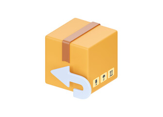 3d box or delivery package return icon. Cardboard parcel concept with white arrow on white background