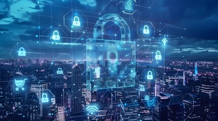 Fototapeta premium Digital Fortress Cybersecurity for Smart City Transformation in the Illuminated Urban Skyline