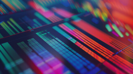 Abstract data visualization in vibrant neon colors, showcasing intricate bar and line charts against a dark background.