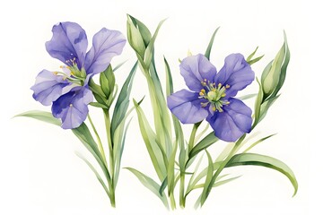 Naklejka premium Watercolor ohio spiderwort flowers white background, Ai Generated