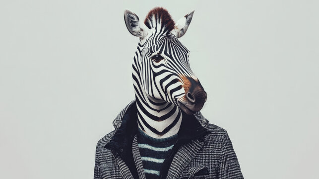 Portrait of a handsome fashionable zebra. The zebra is adorned with a stylish mane accessory and a cool jacket, exuding charm and style.