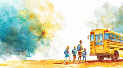 Fototapeta premium A group of children are walking towards a yellow school bus. The scene is set in a rural area with a cloudy sky in the background. Scene is one of excitement