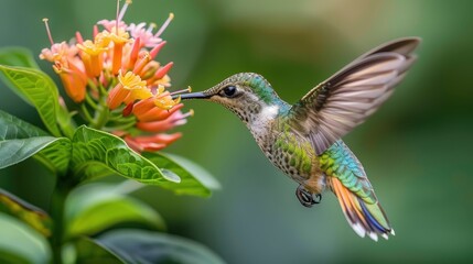 Fototapeta premium A stunning image of a hummingbird drinking nectar from peach-colored flowers, capturing the essence of nature's beauty and the bird's delicate movements.