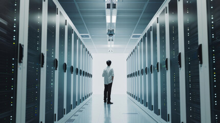 A single figure, standing in the middle of a high-tech server room, gazes at the vast array of blinking lights, evoking a sense of technological awe.