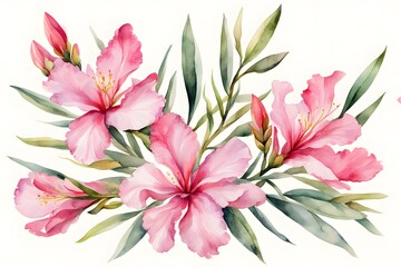 Obraz premium Watercolor oleander flowers white background, AI Generated