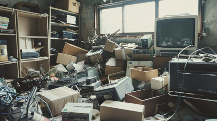 A cluttered room filled with old electronics and cardboard boxes, creating a nostalgic yet chaotic atmosphere of forgotten technology.