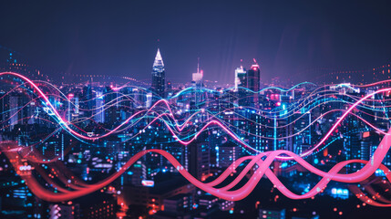 Nighttime urban landscape with dynamic data streams overlaying a cityscape, symbolizing the fusion of technology and urban living.