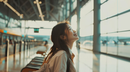 A young woman stands in an airport terminal, gazing upwards with a look of anticipation and excitement as sunlight filters through the large windows.