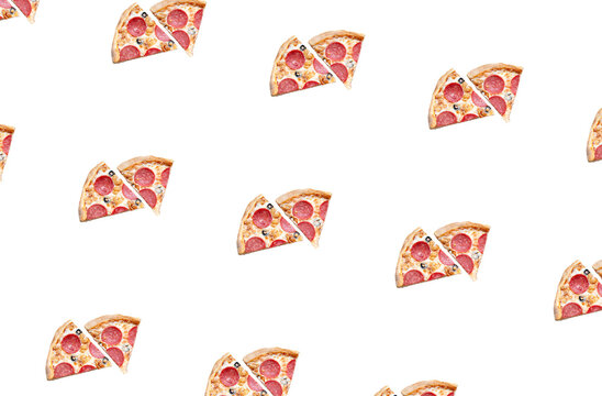 A seamless pattern of slices of pepperoni pizza on a white background. Top view of a flat lay creative pattern